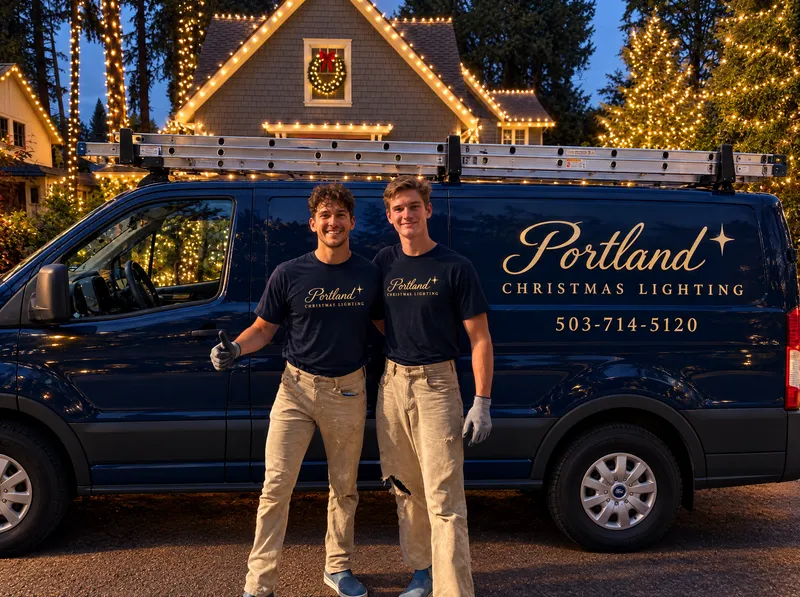Trent, left, and a helper in Portland Christmas Lighting shirts and work gloves beside the lettered company van, with a house and trees lit in warm white behind them