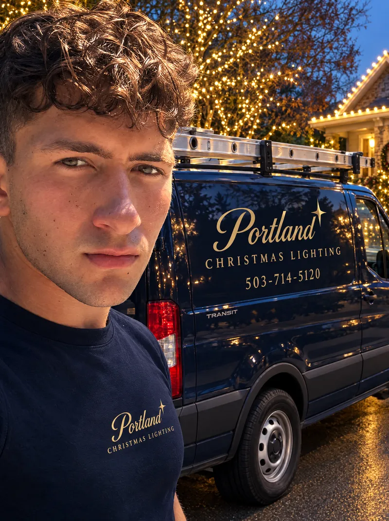 Trent, owner of Portland Christmas Lighting, in a company shirt beside the lettered van, with a tree and roofline lit in warm white behind him