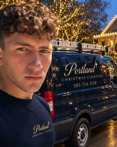 Trent, owner of Portland Christmas Lighting, in a company shirt beside the lettered van, with a tree and house lit in warm white behind him