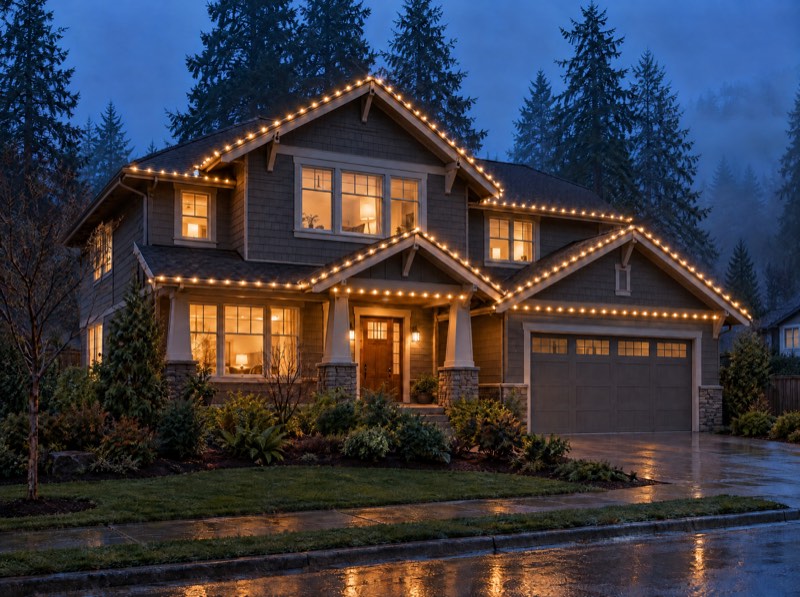 Illustration of the Classic package: a Craftsman-style Portland home at dusk with warm white C9 lights along its front rooflines, gutters and garage peak