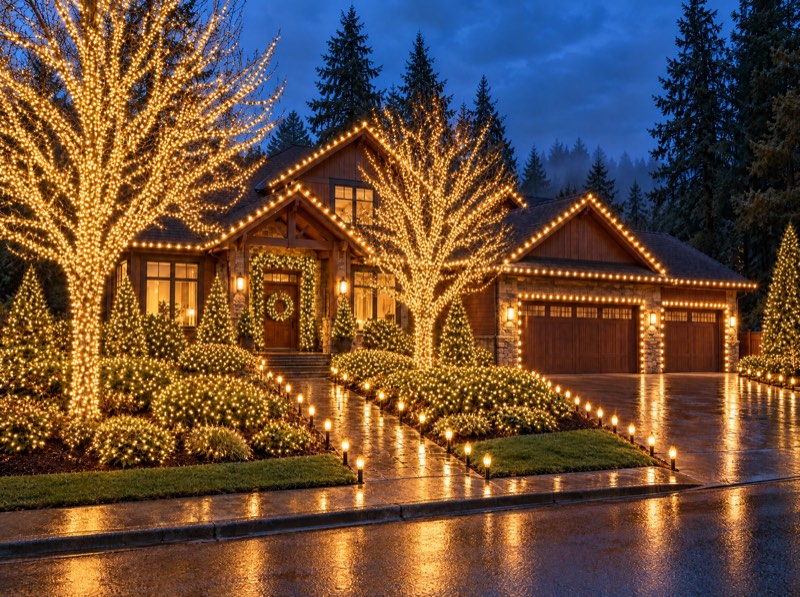 Illustration of the Estate package: a stone and cedar home at dusk with every roofline lit, large trees fully wrapped in lights, lit evergreens and shrubs, outlined garage doors and stake lights along the walkway and driveway