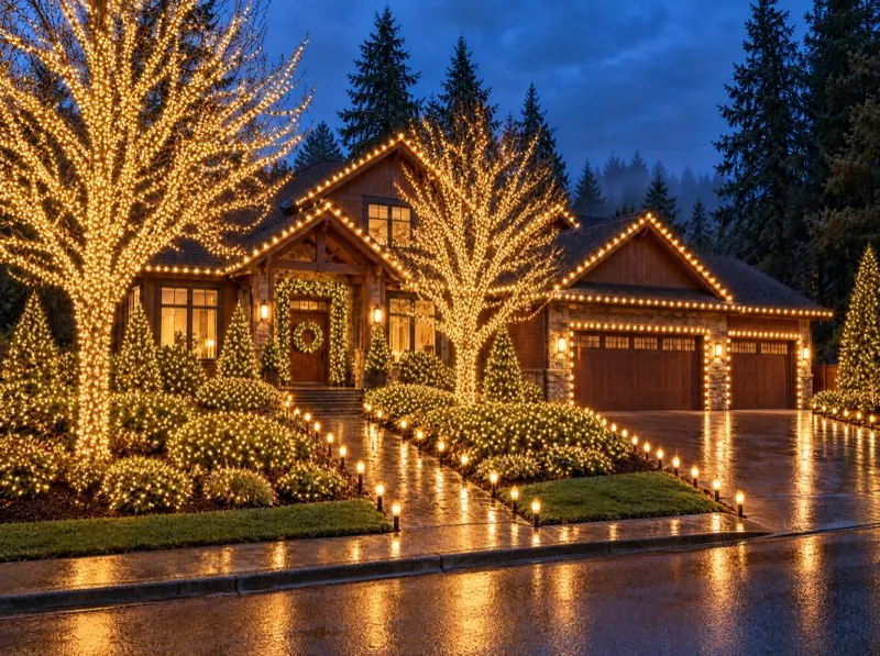 Illustration of the Estate package: a stone and cedar home at dusk with every roofline lit, large trees fully wrapped in lights, lit evergreens and shrubs, outlined garage doors and stake lights along the walkway and driveway