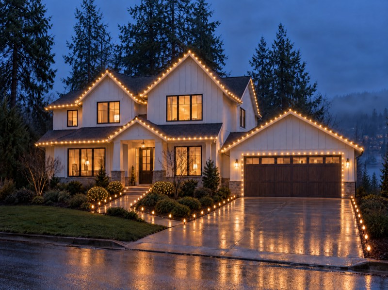 Illustration of the Signature package: a modern farmhouse at dusk with lit rooflines, the garage door outlined in lights, a few lit shrubs and stake lights along the walkway and driveway