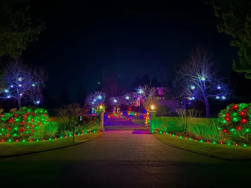 Gated driveway framed by lit shrubs, light-lined lawn edges and glowing spheres in bare trees
