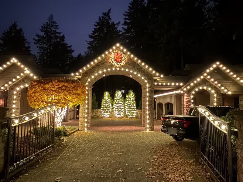 Warm white C9 lights outlining a stone archway and rooflines, with three light-wrapped evergreen trees beyond the arch